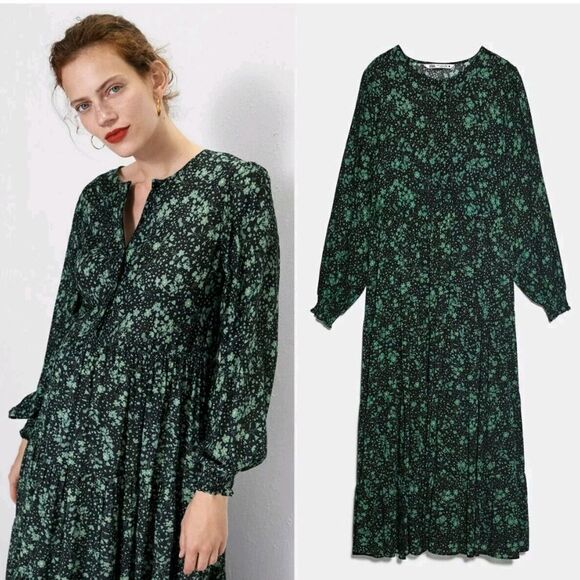 Zara Blogger Fave Angel Dress Maxi Tiered Smocked Size XS Green Black - Picture 8 of 11